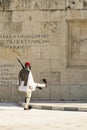 Elite soldier of the presidential guard marching front of the tomb of the Unknown Soldier in Athens, Greece. Royalty Free Stock Photo